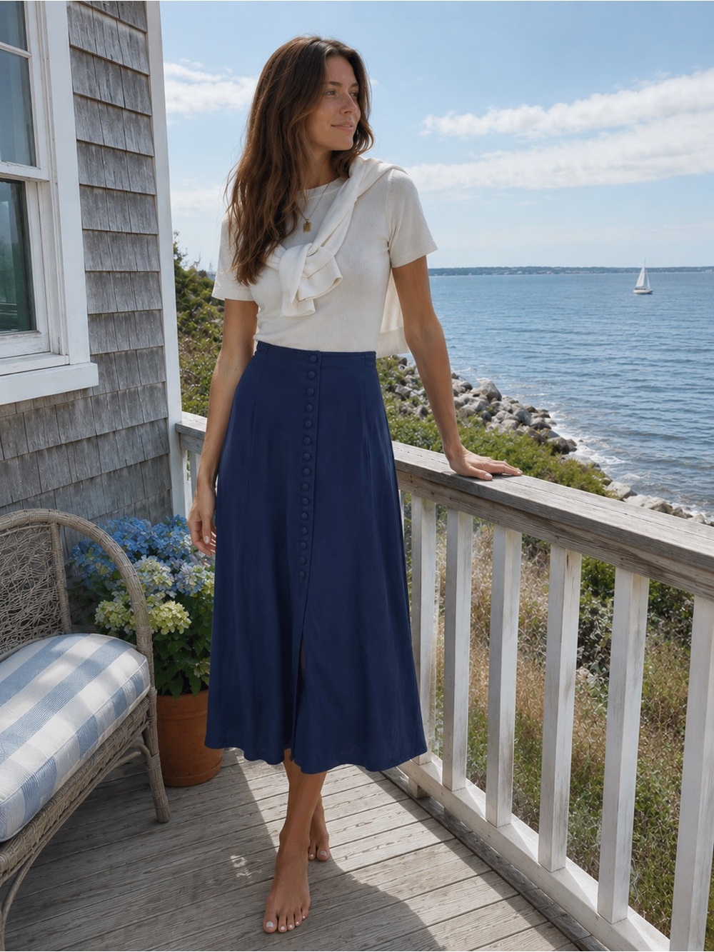 VTG Maggie Lawrence Elegant Navy Button-Down Midi Skirt coquette cottagecore